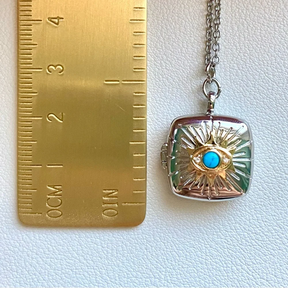 Silver Sunburst Locket Necklace with Turquoise Accent